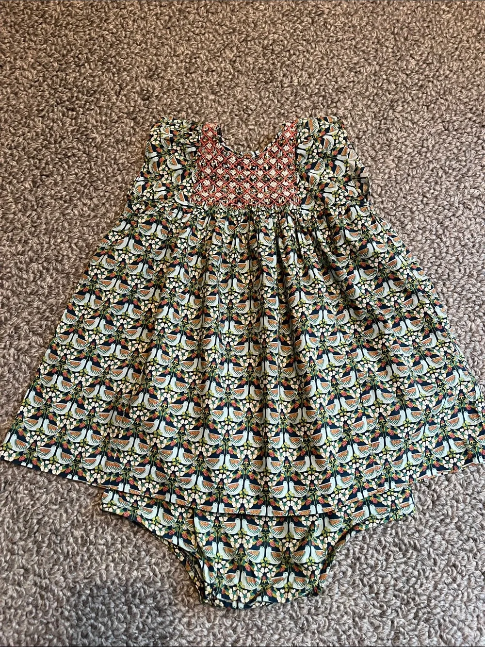 Bonpoint Green and Coral Smocked Floral Romper